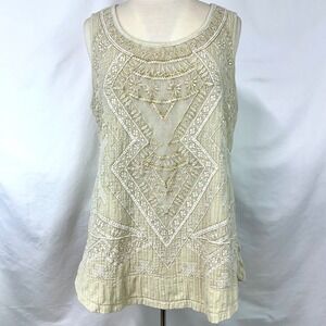 SOFT SURROUNDINGS Gold Embroidered Lace Tank Top 100% Cotton Women's L Bohemian